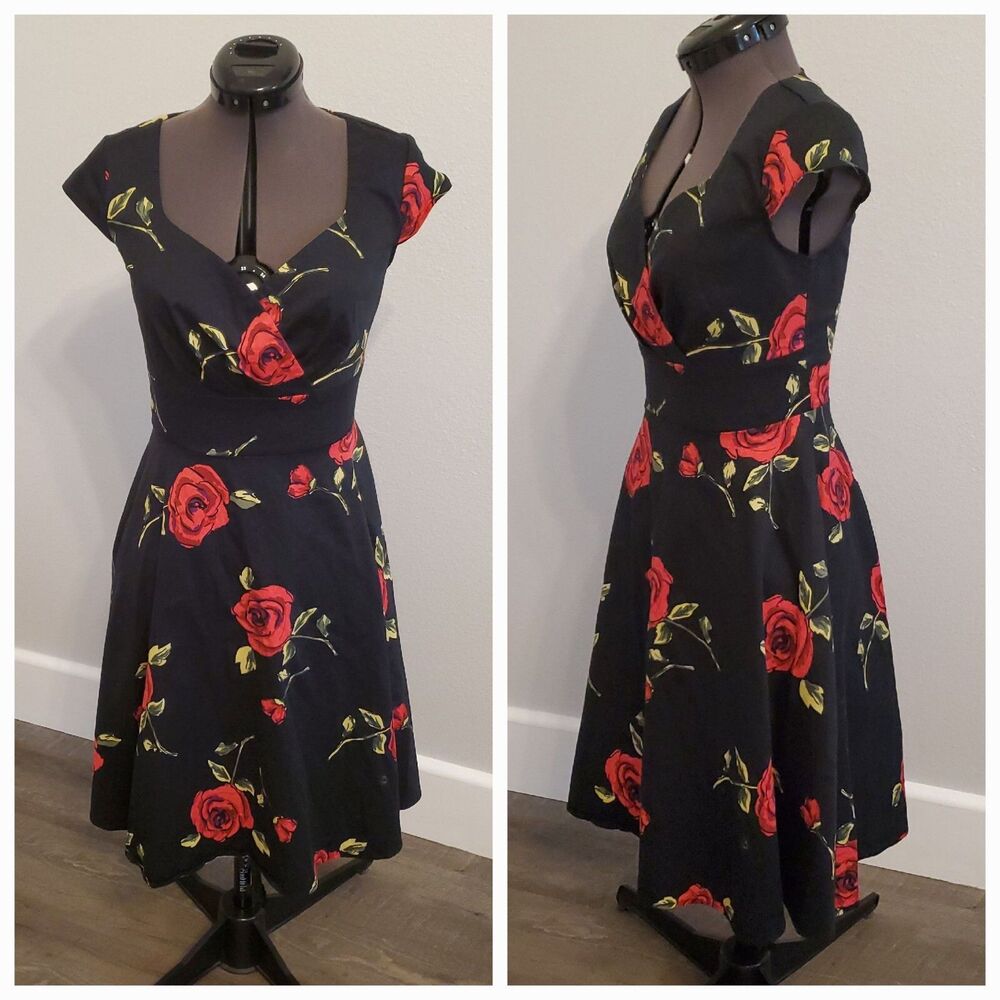 Bbonline Women's Midi Dress Small Red Black Floral Vintage 1950's Pin-Up Cotton